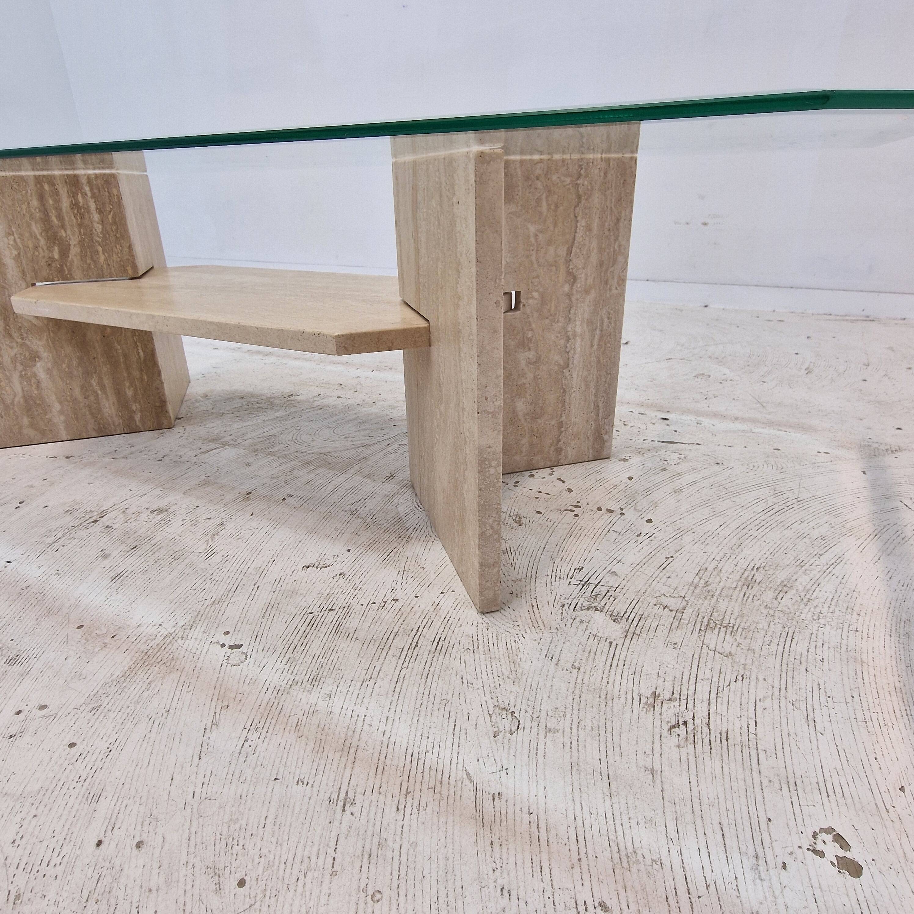 Italian Coffee Table in Travertine and Facet Cut Glass, 1980s