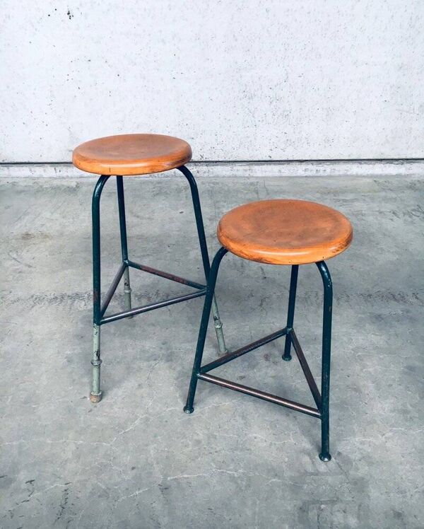 Set of Industrial Green Tripod Stool Set, Belgium, 1950s