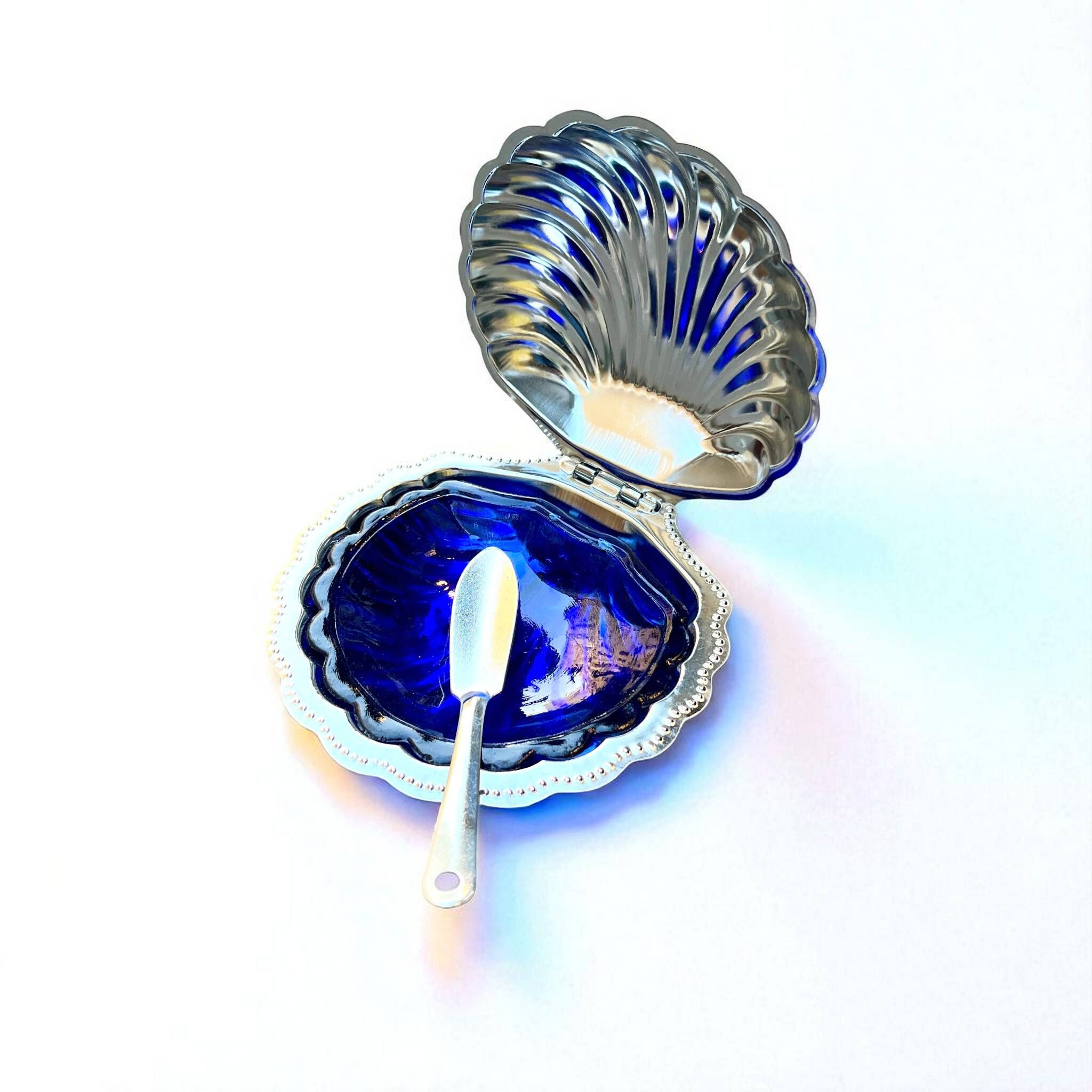 Scallop butter dish in stainless steel and blue glass - vintage 1970