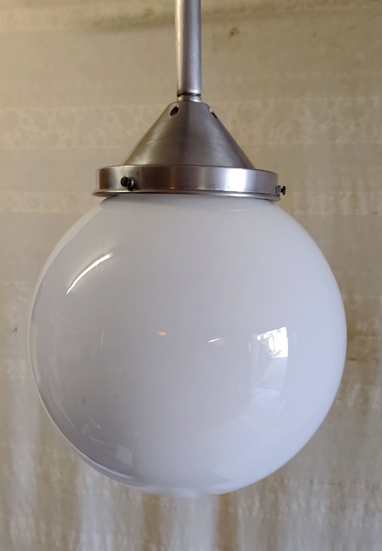 Art Deco aluminium suspension with XL opaline globe - mid 20th century.