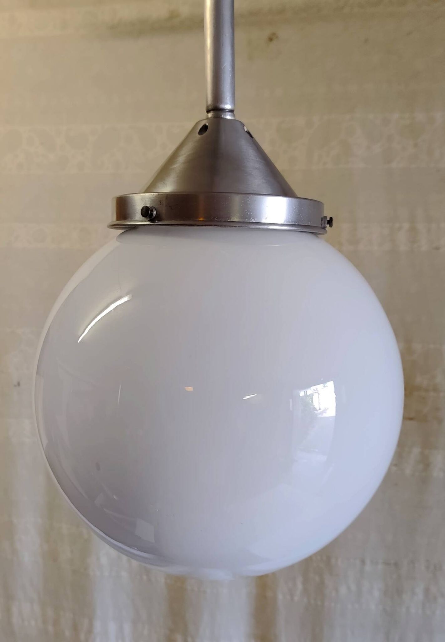 Art Deco aluminium suspension with XL opaline globe - mid 20th century.