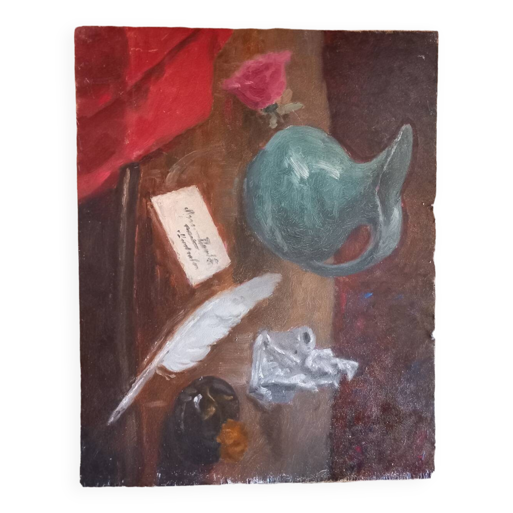 Tableau huile . Nature morte  au pot .