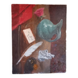 Tableau huile . Nature morte  au pot .