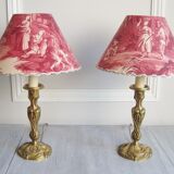 Paire de lampes anciennes en bronze avec abat-jours fait main en toile de Jouy vintage
