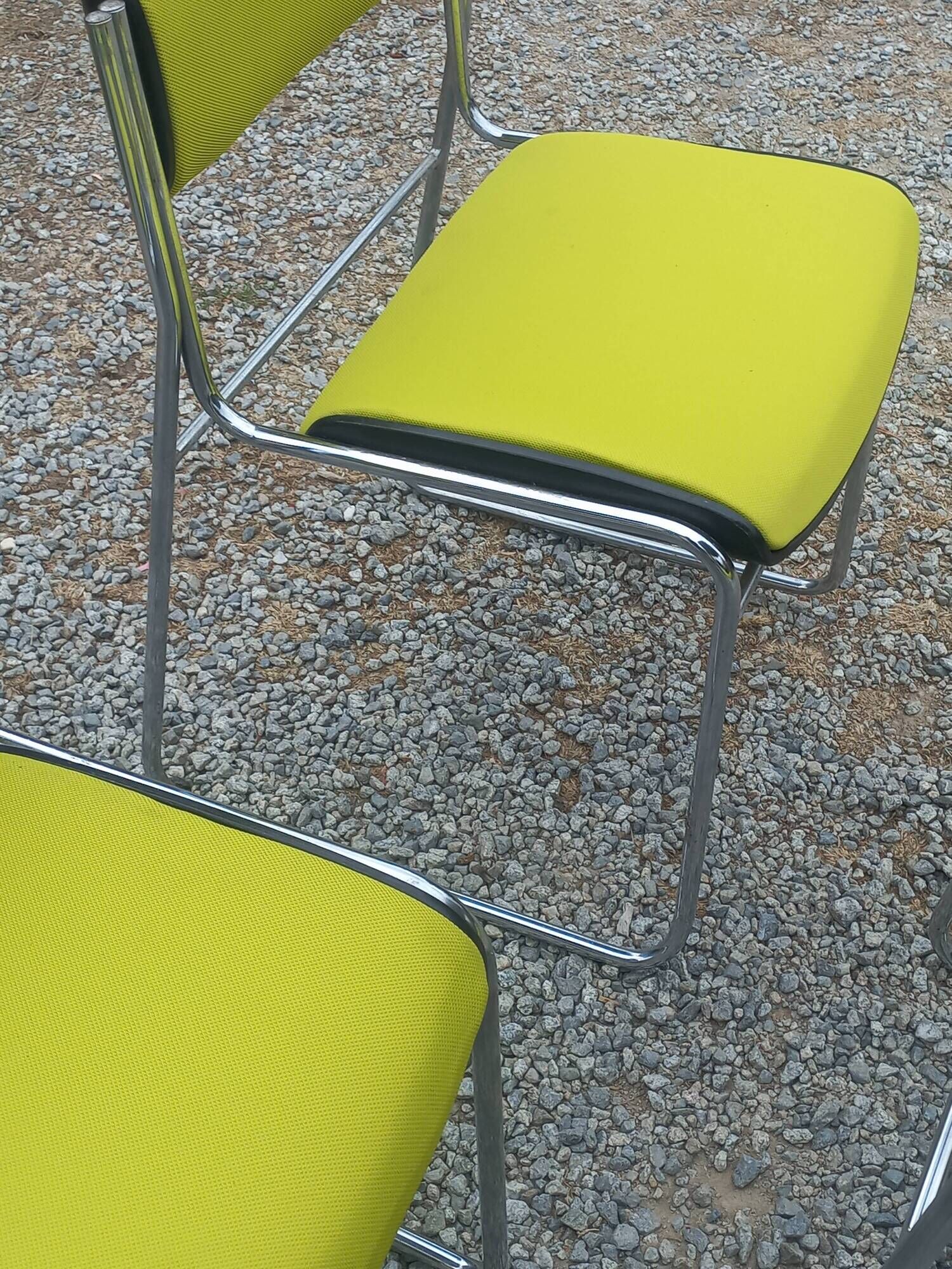 Set of 6 designer chairs with wooden seats and backs, chrome legs.