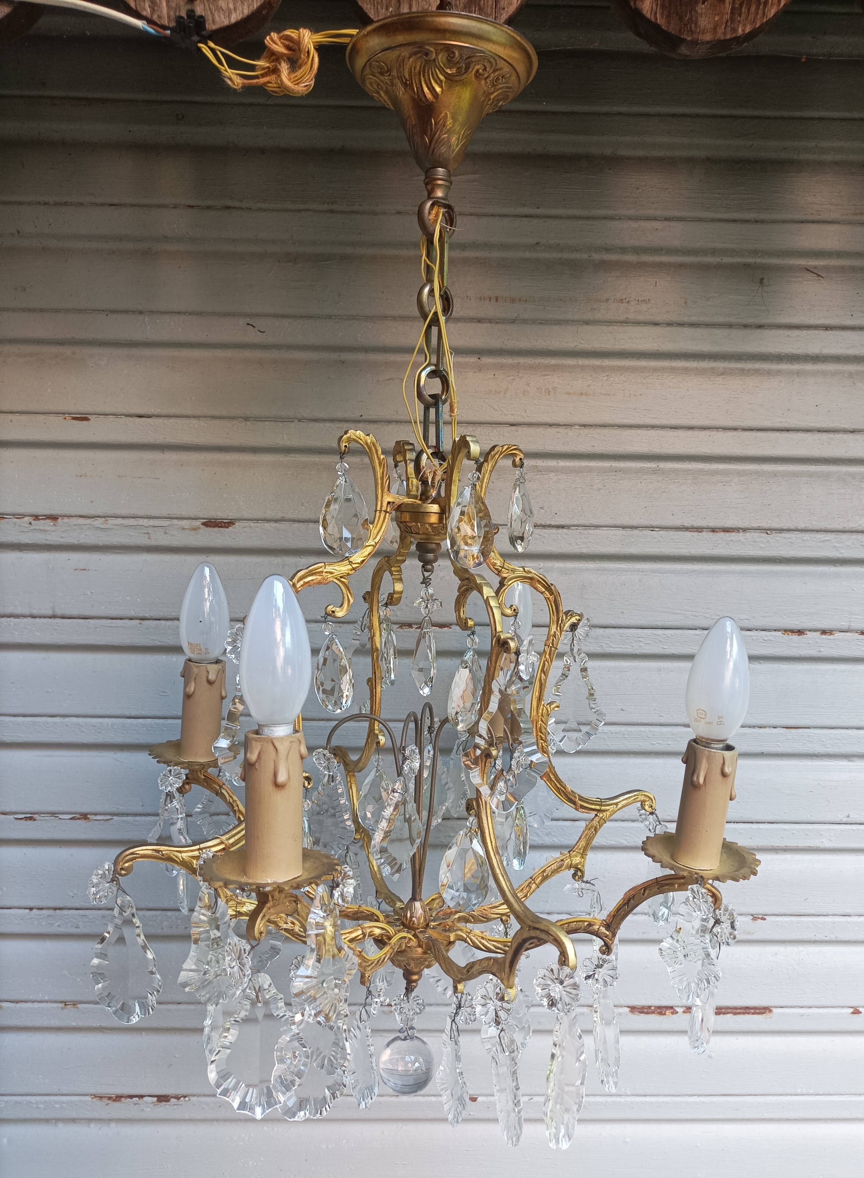 Rare old cage chandelier in gilded bronze and crystal 4 lights / WORKING CONDITION LEFT?