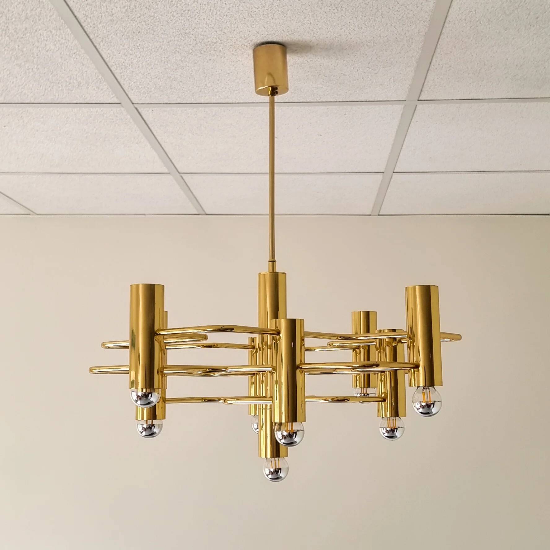Golden brass chandelier by Gaetano Sciolari for Boulanger