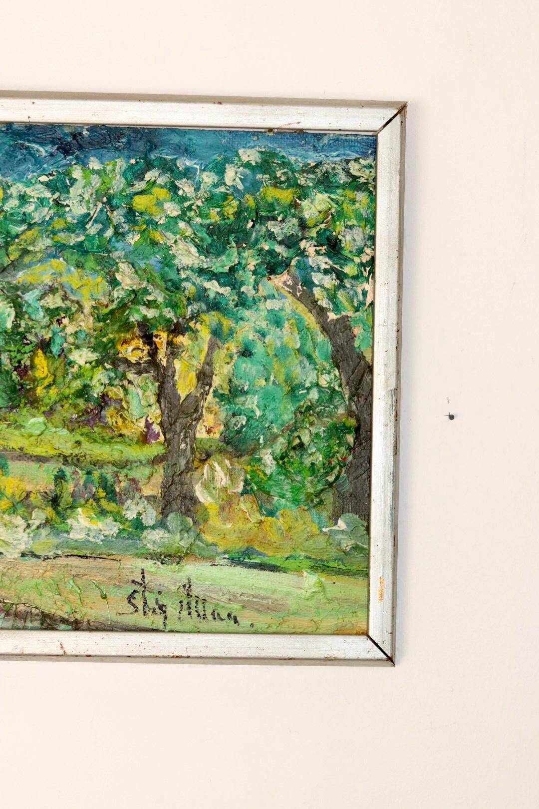 Swedish Original Mid-Century Oil On Board Painting" Clearing" by Stig Allan