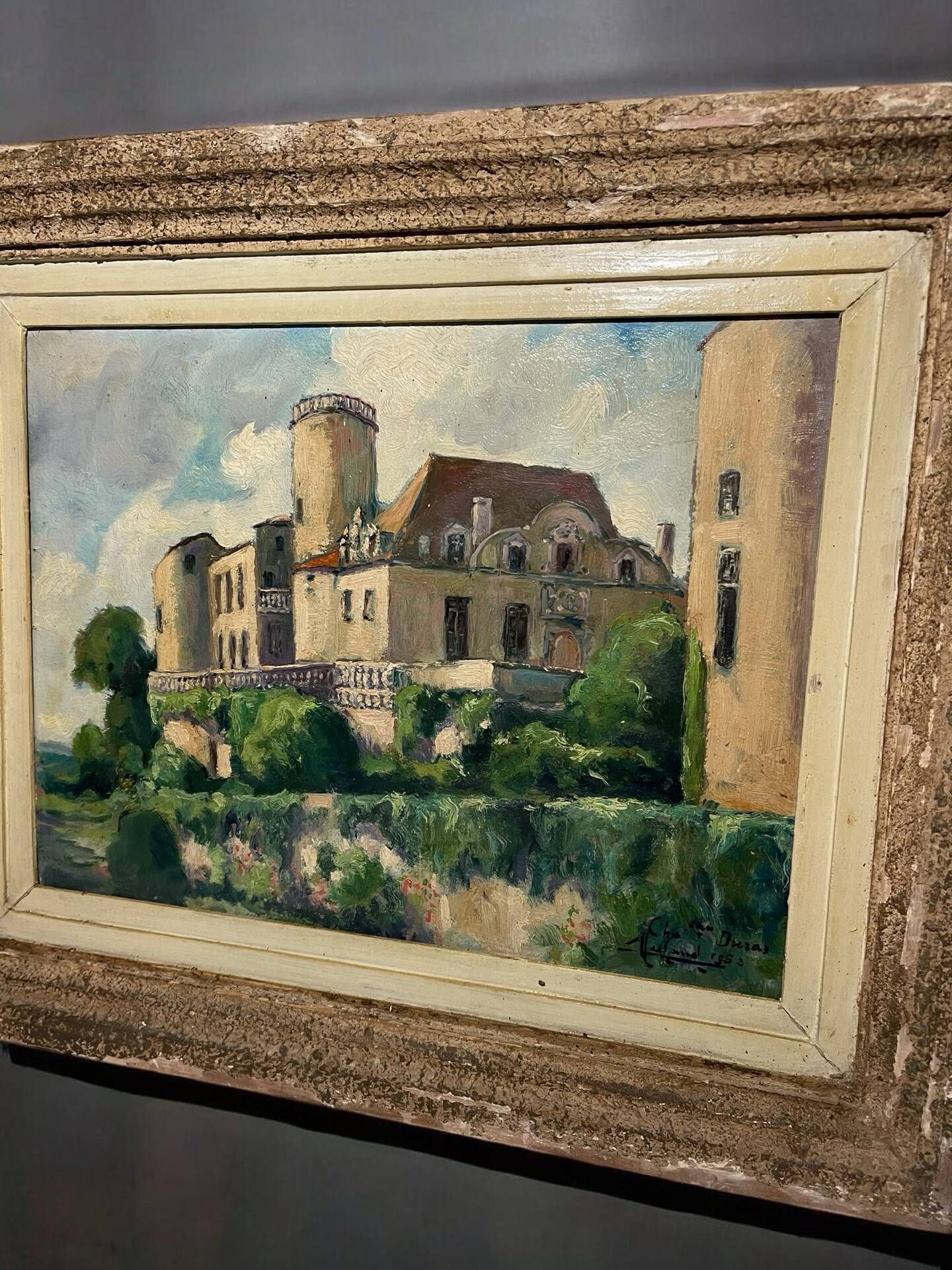 Old French painting signed and dated 1952 – Castle and garden – Oil