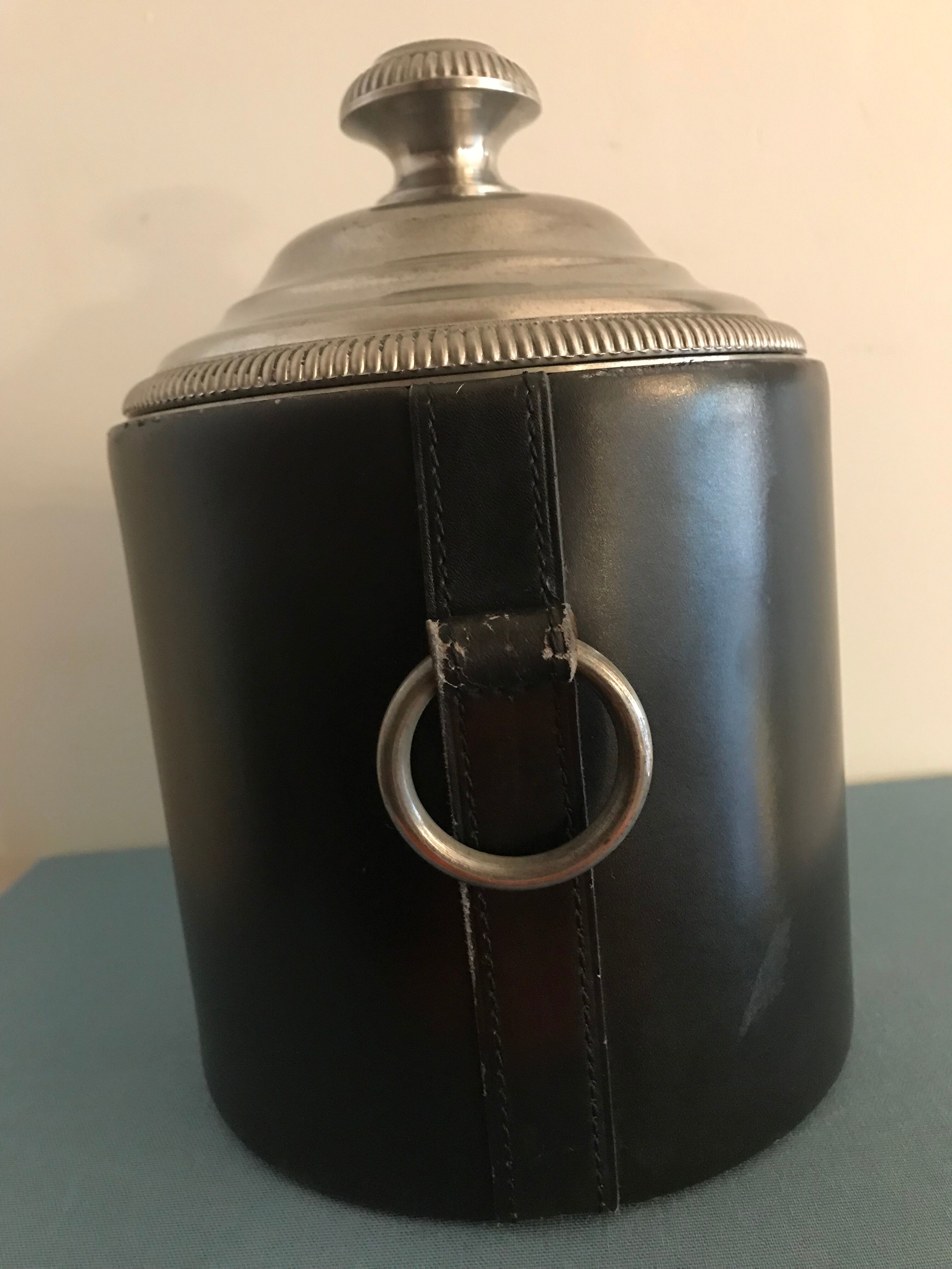 Round black leather ice bucket