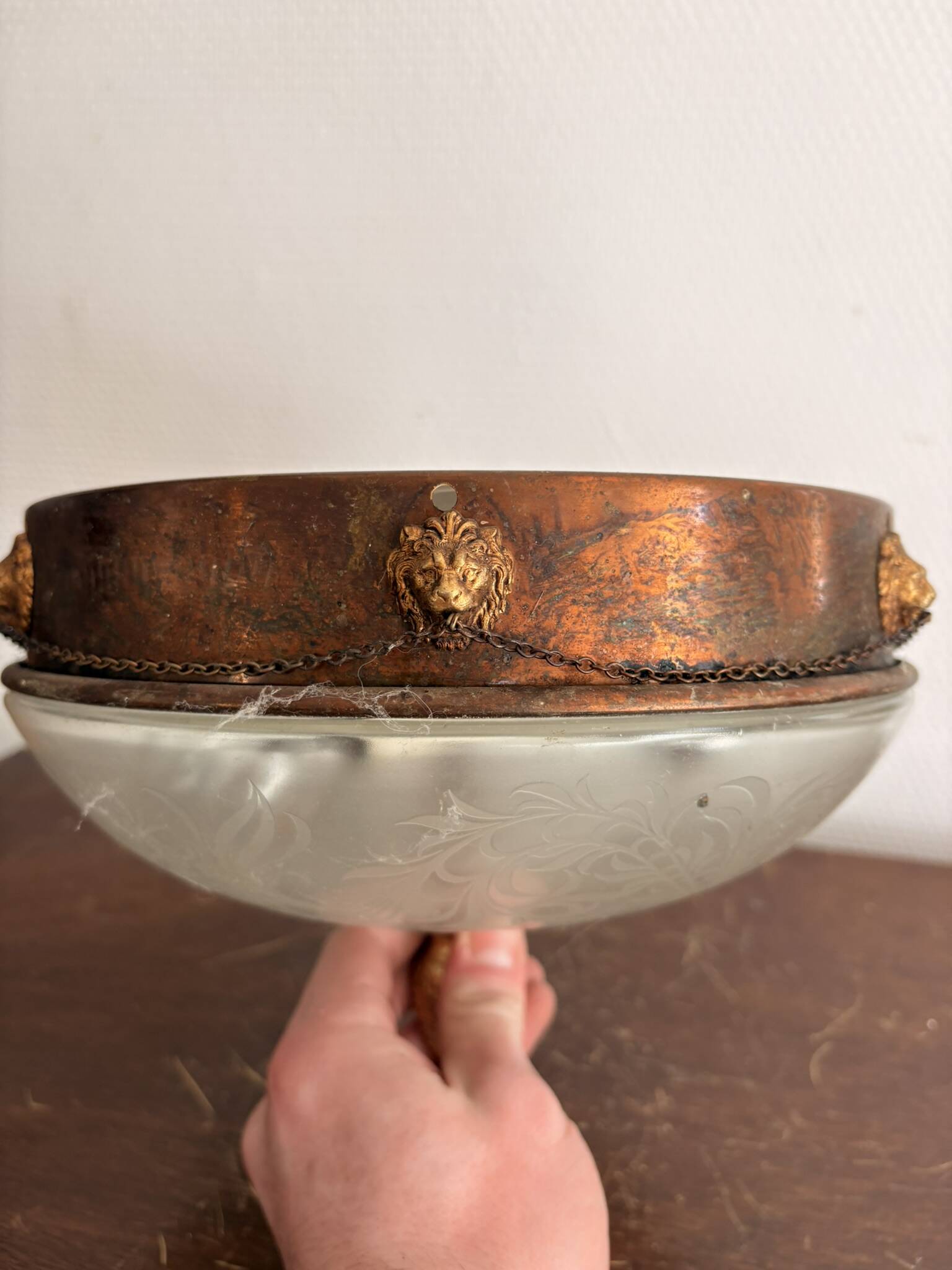 Neo-Classical Ceiling Light Frosted Glass Empire Directoire Lion Head