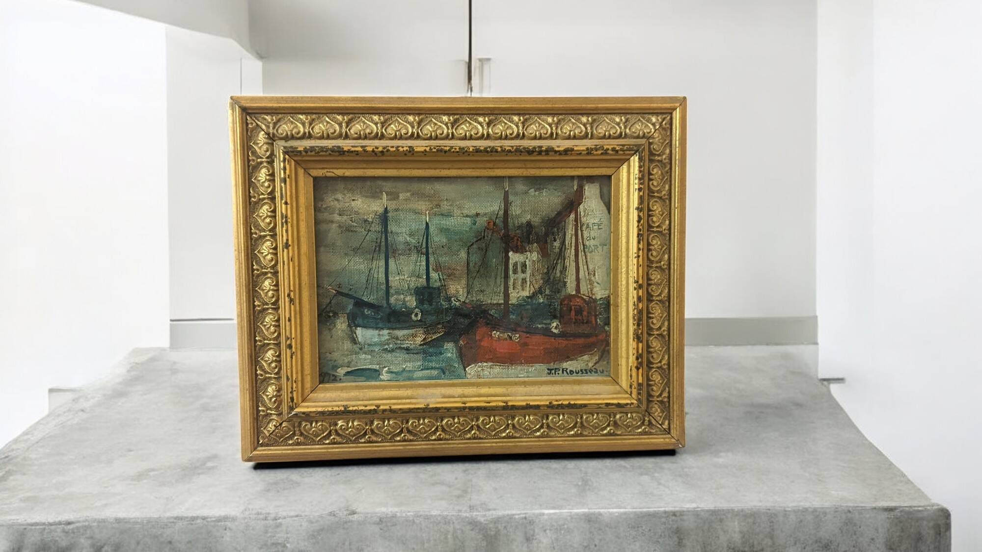 small marine oil painting boats blue red tones Jp Rousseau certificate gold frame