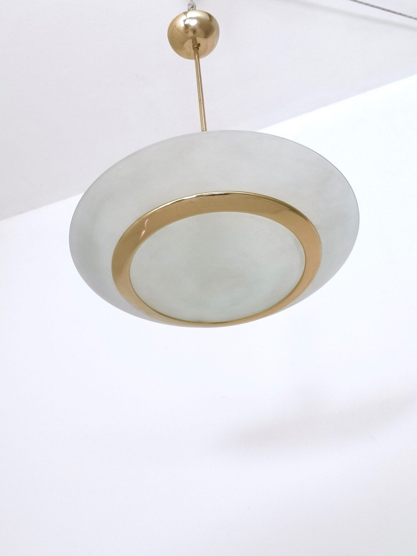 Brass and etched glass bowl pendant