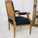 Pair of 19th century Louis XVI gilt armchairs newly re upholstered in holland and sherry fabric
