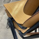 Lot de 3 chaises d’école Galvanitas s30 bois clair pieds compas bleus années 80 Pays-Bas