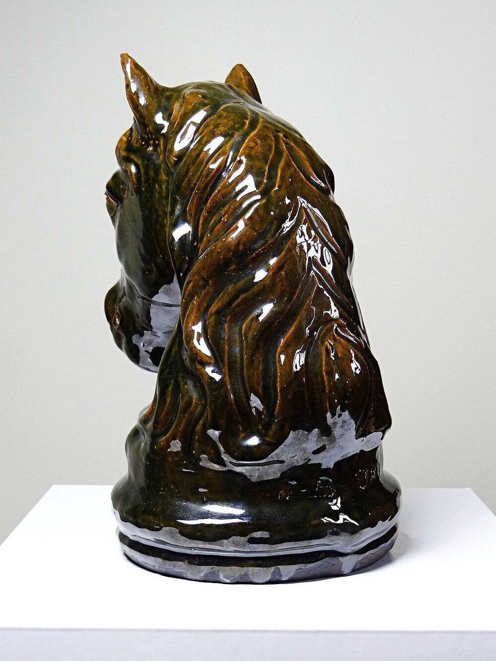 Vintage 1980s glazed terracotta chess knight or horse head.