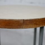 Side table tubular steel base, round top strapping wood, France, circa 1950