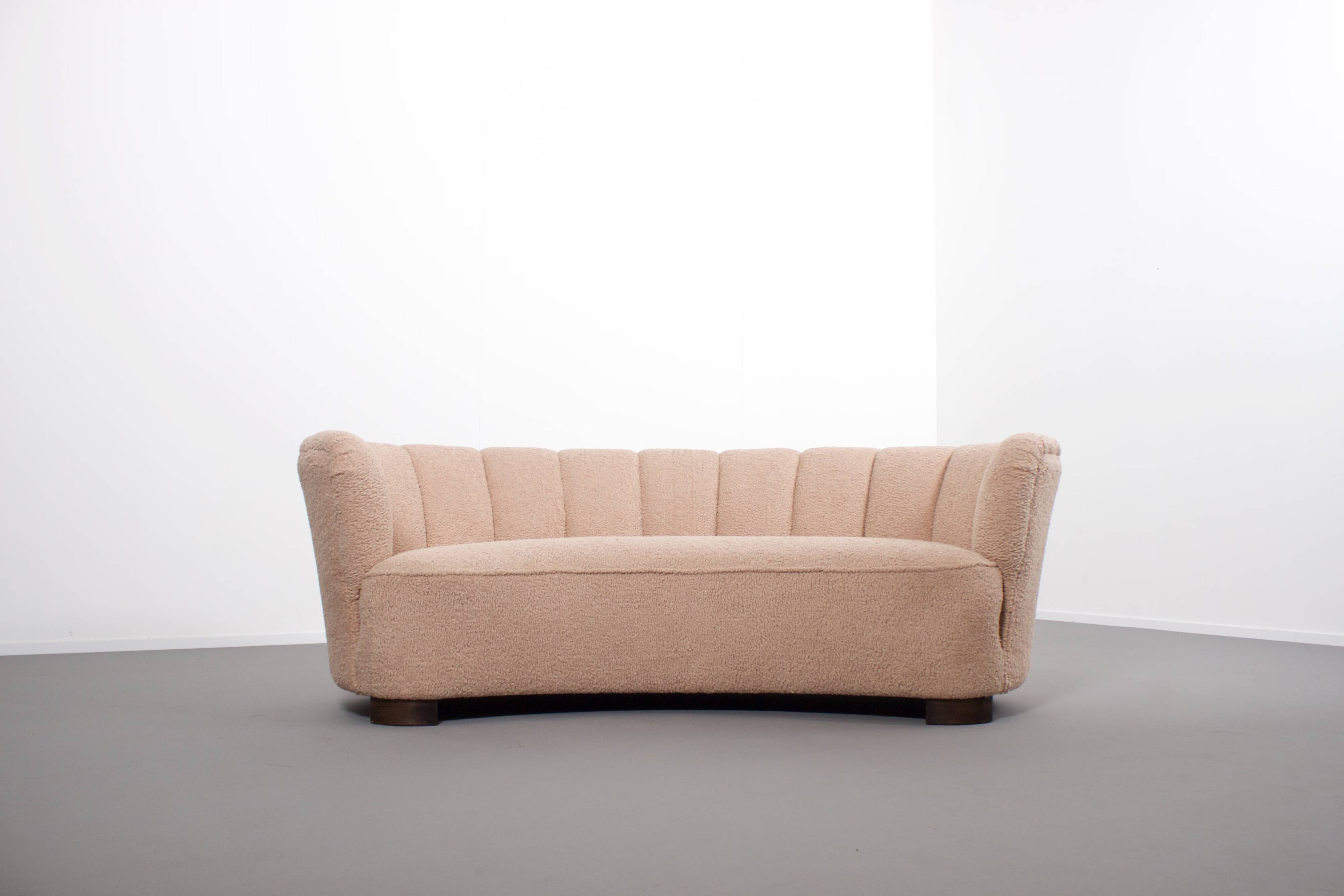 Danish curved banana sofa in a powder pink wool fabric, 1940s