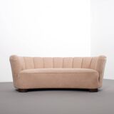 Danish curved banana sofa in a powder pink wool fabric, 1940s