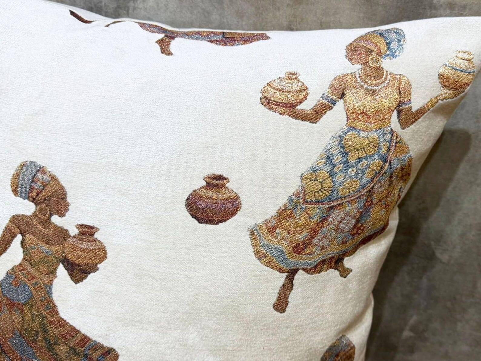 African Pottery Women Jacquard Cushion, Figural Woven Pillow Cover