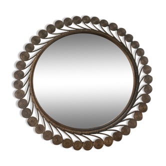 Large peacock rattan round mirror 57cm