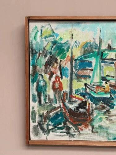 Original Swedish Oil on Canvas" Harbor" By Sven Sinde, Vintage & Framed 47×38cm