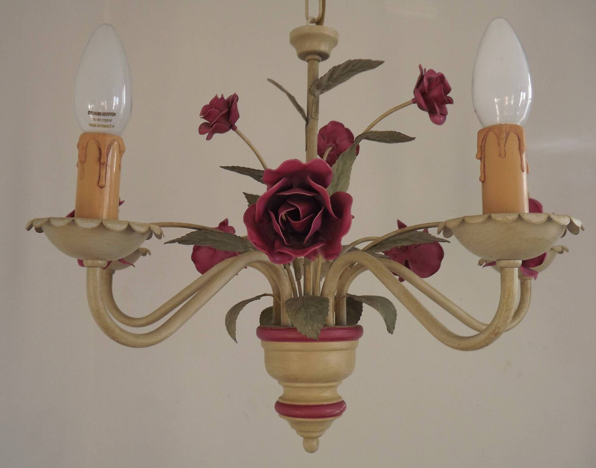 French vintage metal deep pink rose and green leaf 5-light chandelier