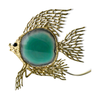 Brass fish lamp and agate stone, Isabelle Faure, 70s