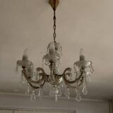 Vintage ceiling light with transparent glass pendants and patinated gold metal, 1960s.