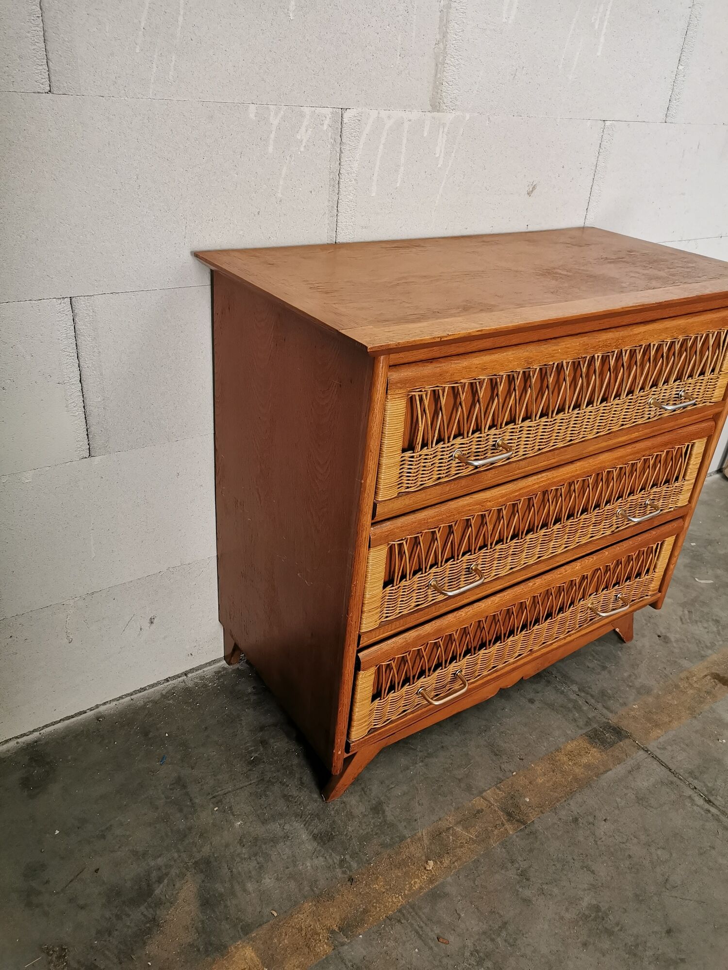 Vintage wood and rattan chest of drawers