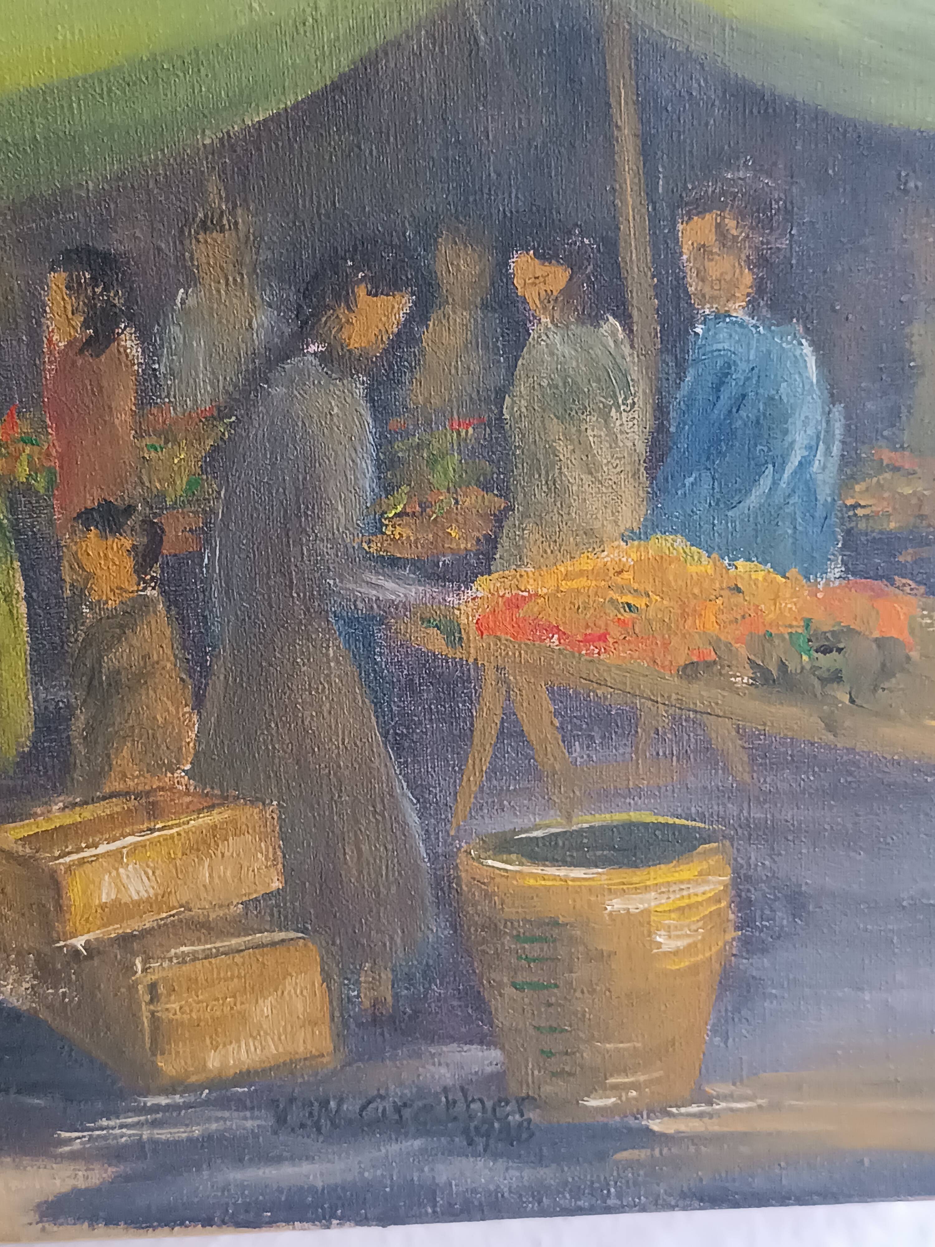 Original oil painting, Provençal market in Nice, France, Grether, 1948