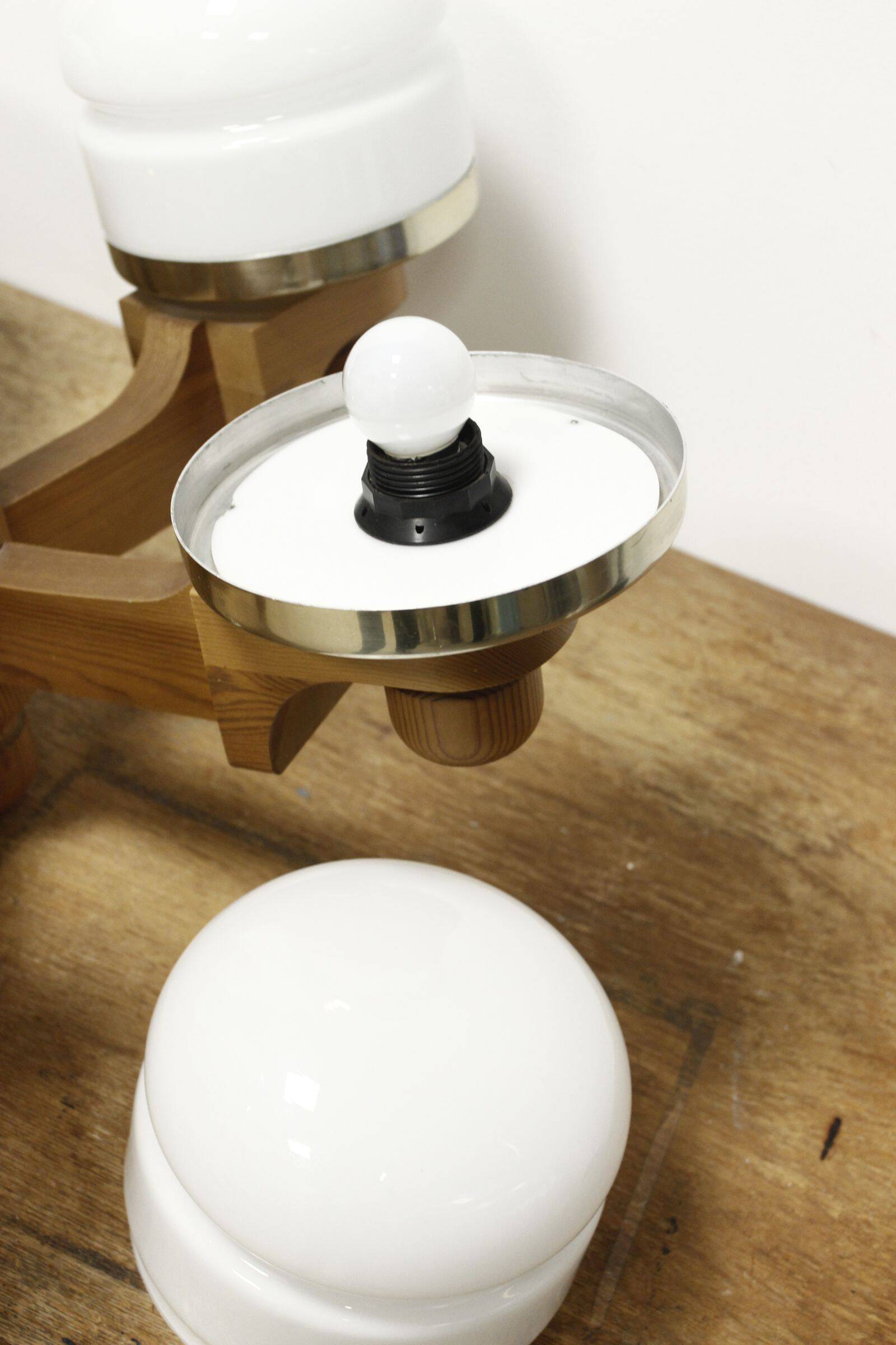 Scandinavian pine & opaline chandelier by Jan Wickelgren for Aneta Sweden, 1970s