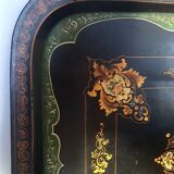 Large Napoleon III tray in black metal painted with floral decoration. 72x57 cm Good condition B795