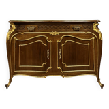 curved chest of drawers with Venetian doors, Louis XV style, in mahogany and gilded wood
