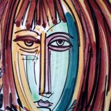 Cubist decorative plate, girl with pitcher, signed Savioli