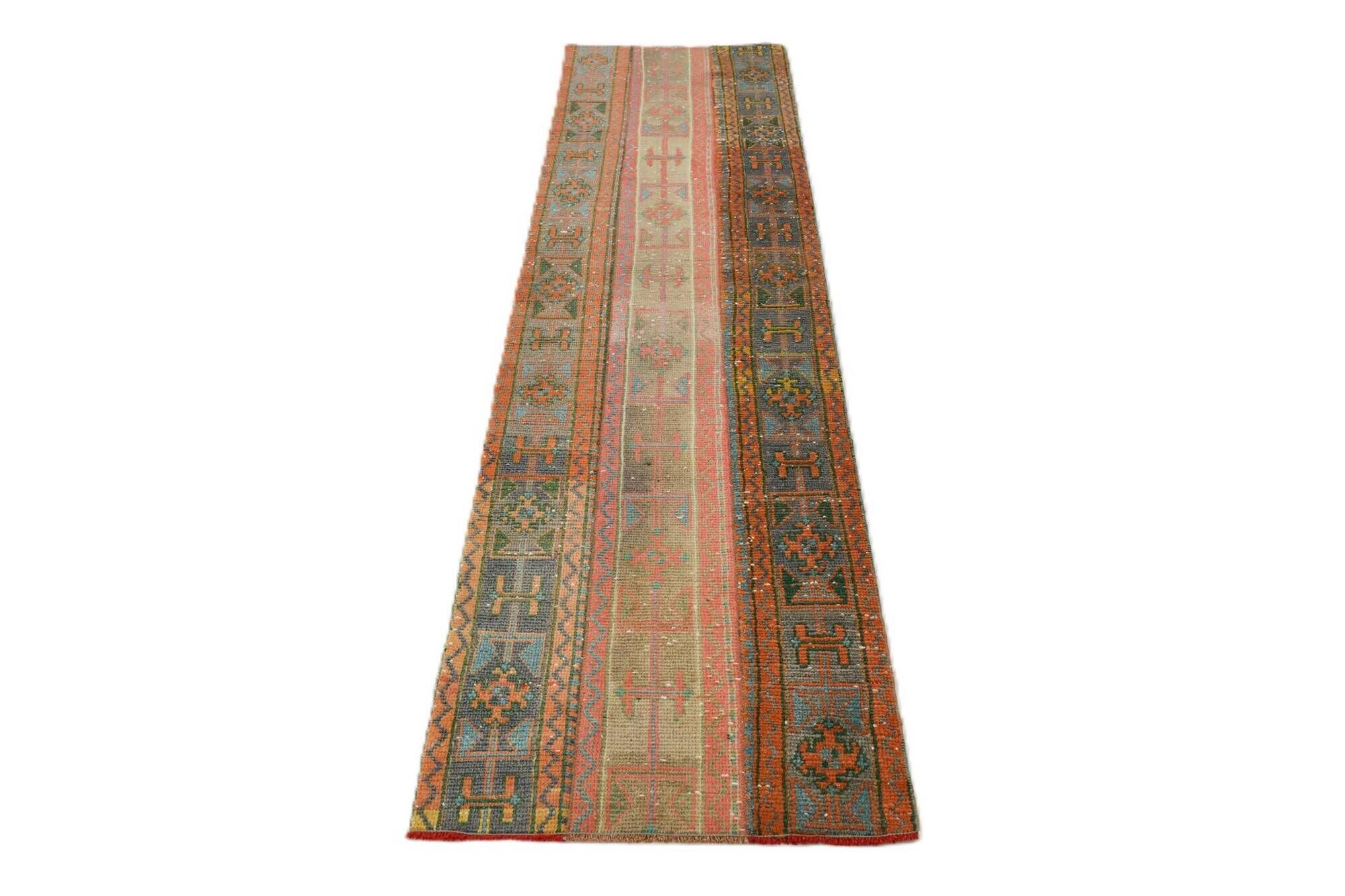 2x9 Vintage Coral Orange & Green Turkish Runner Rug, 70x275Cm