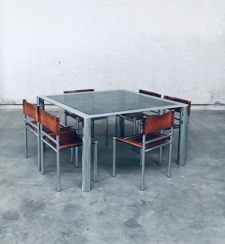 Mid-Century Smoked Glass & Chromed Steel Square Dining Table attributed to Sergio Mazza for Cinova, Italy, 1970s
