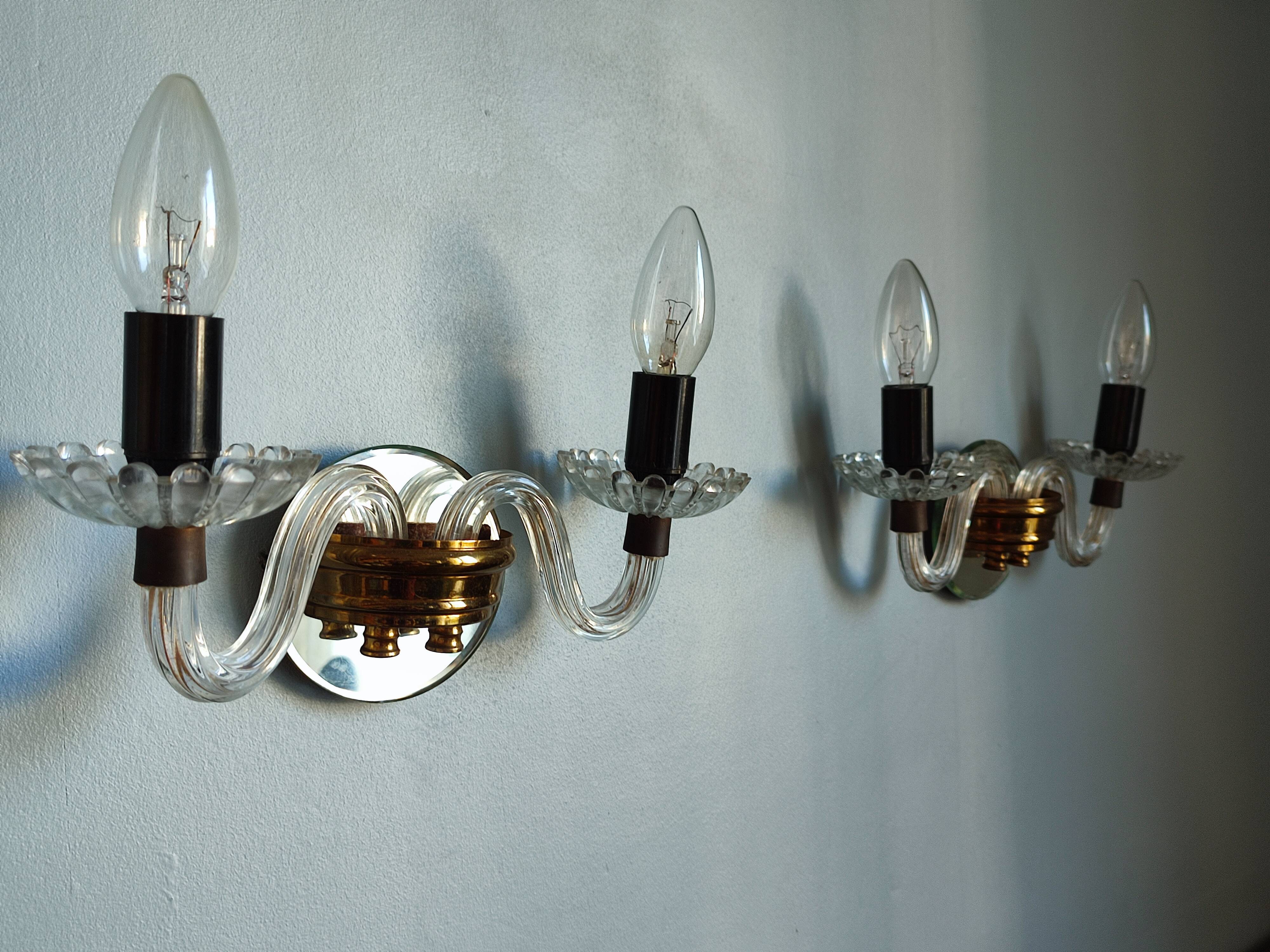 Pair of vintage glass/mirror two-arm wall lights