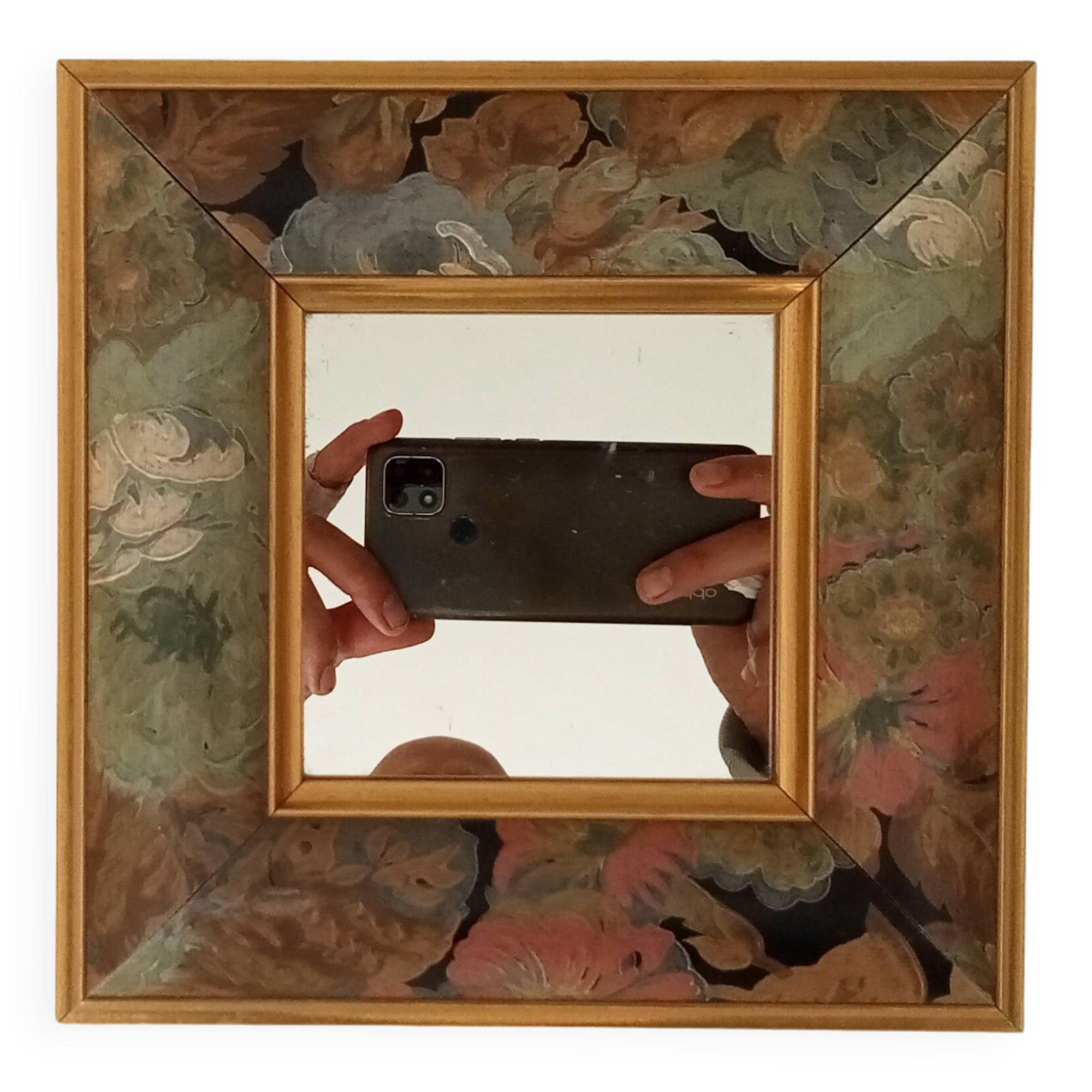 Vintage wooden mirror with floral pattern from the 80s 20*20 cm