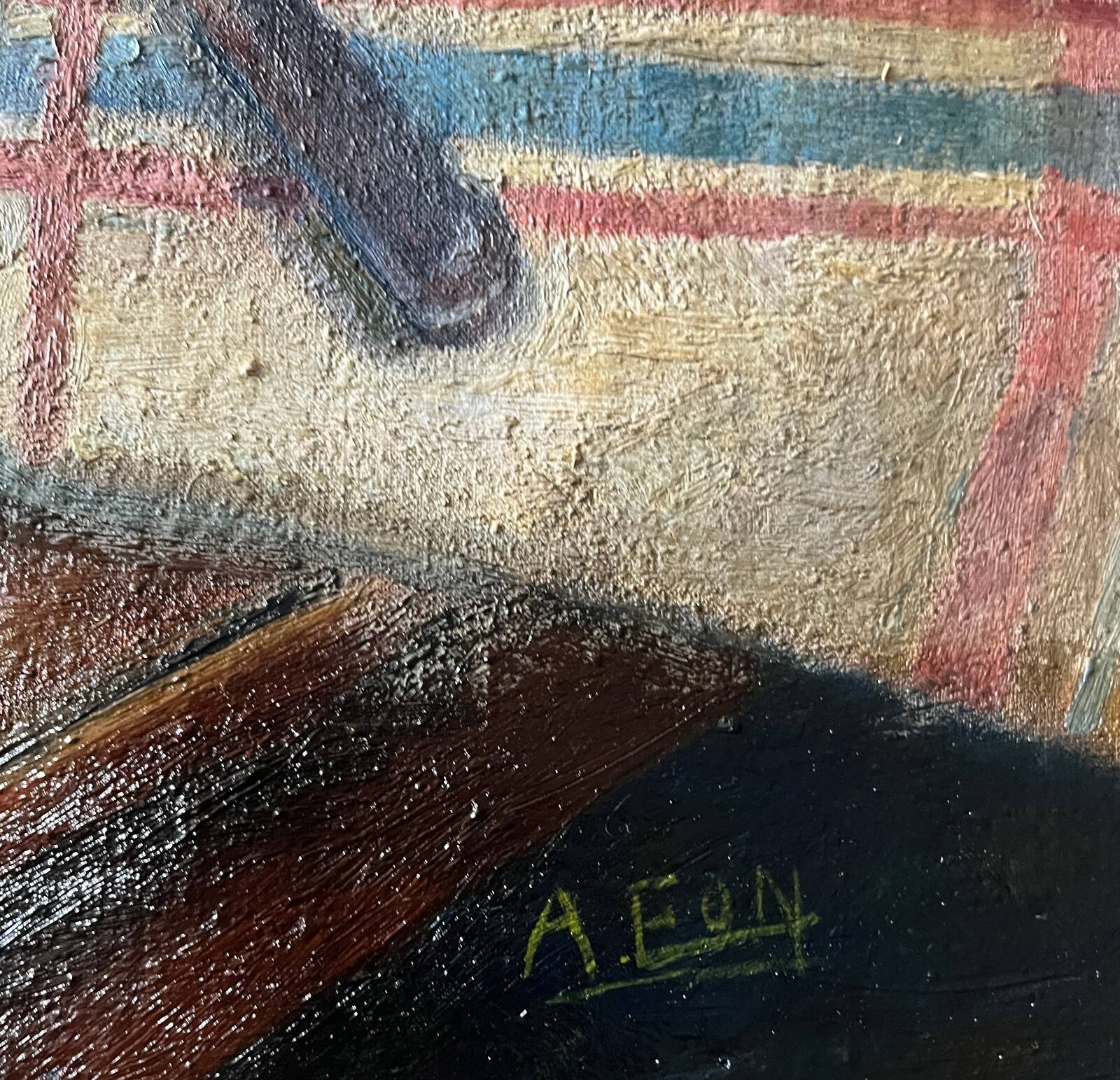 HST painting "Still life with cheese and wine" circa 1950 A. Eon (born in 1923)