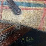 HST painting "Still life with cheese and wine" circa 1950 A. Eon (born in 1923)