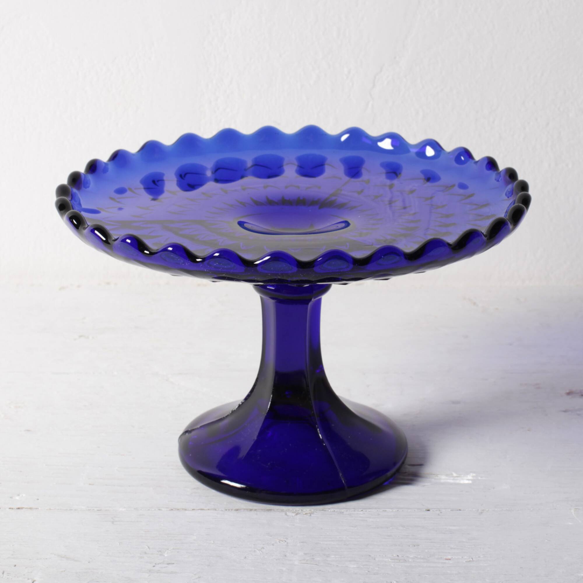 Blue Glass Cake Stand by Glimma Glasbruk / Glimåkra / Sweden / 1960s