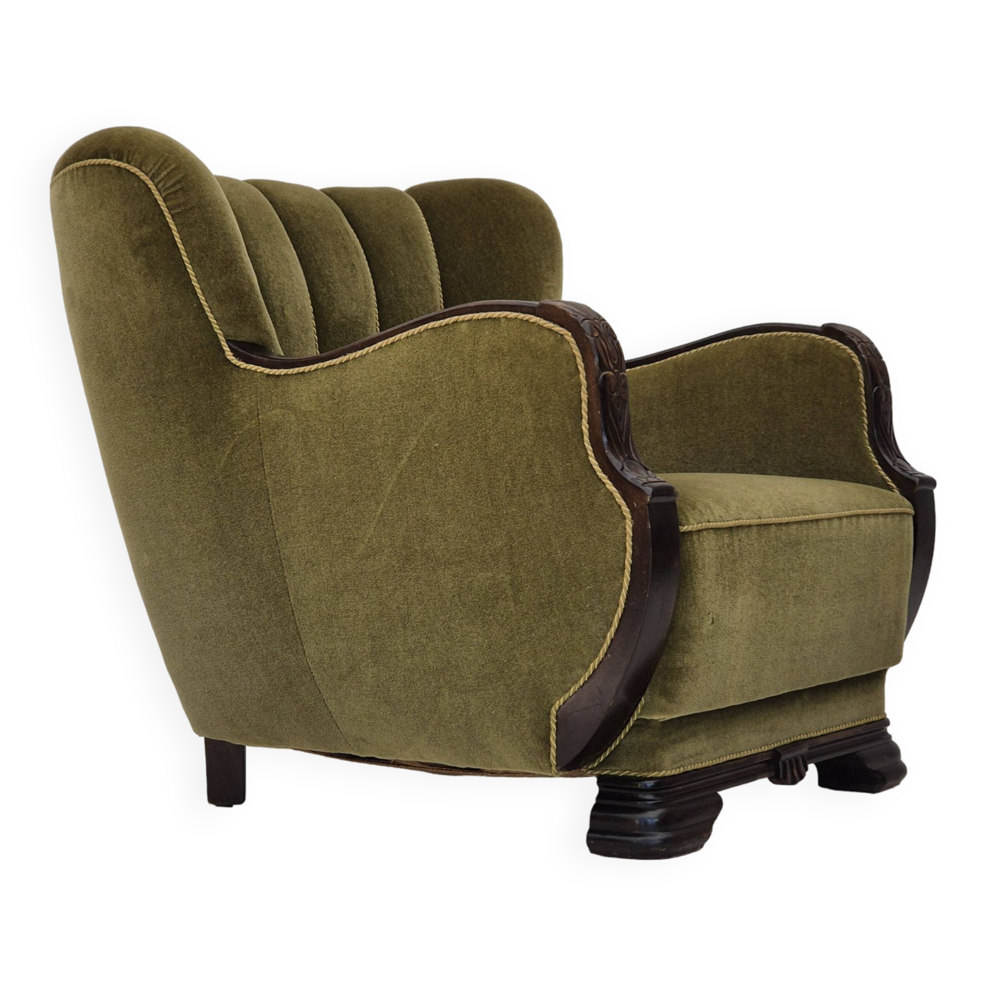 Fauteuil danois en tissu vert et chêne, 1960