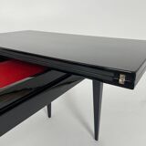 Art Deco Games Table in Black Lacquer, Red and Black Leather, France, 1930s
