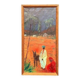 Huile sur toile du milieu du siècle "Figures avec un chien" par Hans R, vintage et encadrée 33×63cm