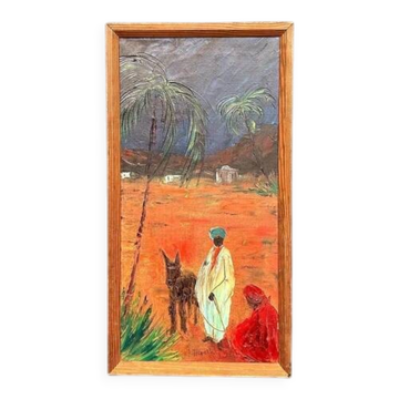 Mid-century oil on canvas “Figures with a dog” by Hans R, vintage & framed 33×63cm