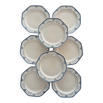 Set of 8 Longchamp France Octagonal Plates - Blue Lotus Flower Pattern