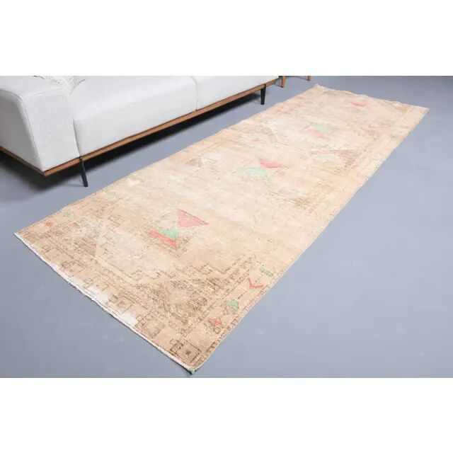 Vintage Turkish Hand-Knotted Wool Cotton Beige Runner Rug 111x305