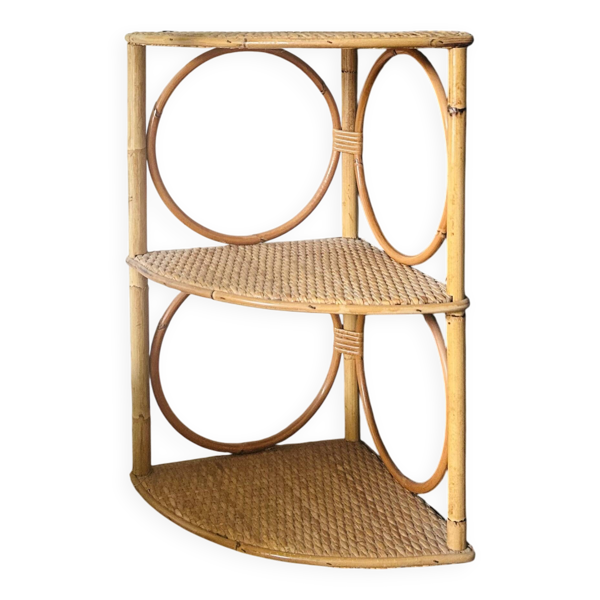 Etagère d'angle vintage en rotin