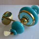 Series of 3 vintage brass and blue opaline wall lamps